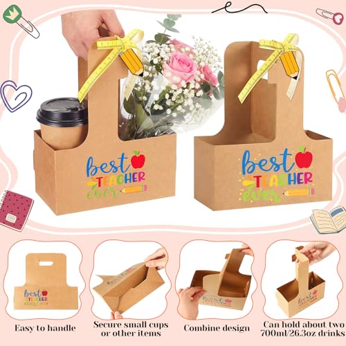 24 Set 2 Cup Best Teacher Ever Drink Carrier with Handle - color: Best Teacher Ever