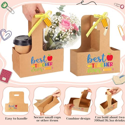 24 Set 2 Cup Best Teacher Ever Drink Carrier with Handle - color: Best Teacher Ever