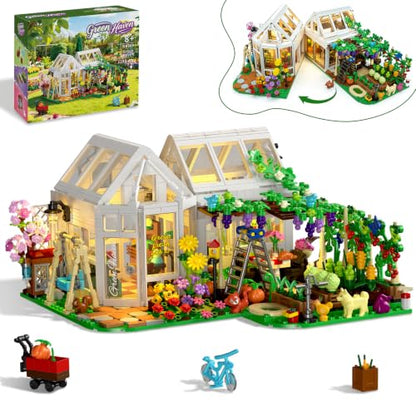 Flower House Building Set with LED Light, Botanical Greenhouse Garden Building Kit for Adults, 1185 PCS Creative Modular Flower House Playset with Fruits & Plants, Ideal Gift for Teens & Kids 8+