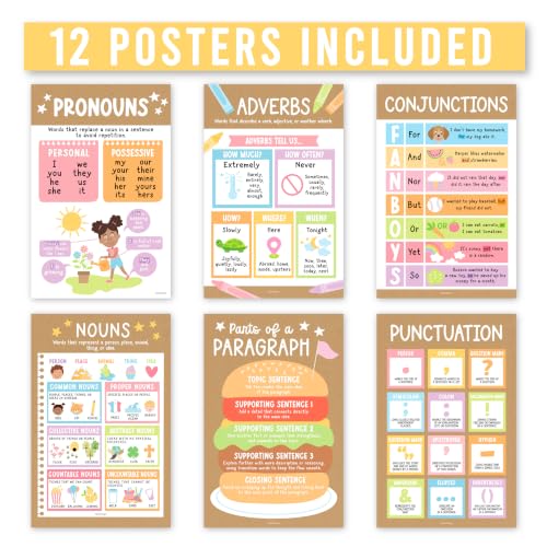 Parts of Speech Posters for Classroom Must Haves, 12 Grammar Posters - color: Kraft Pastel