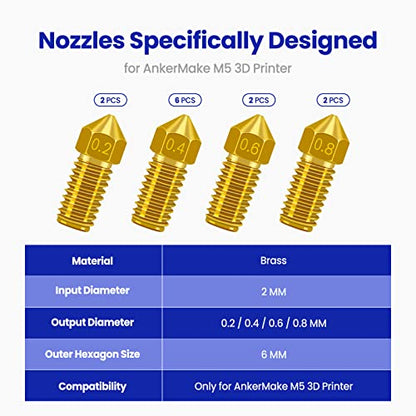 Brass Nozzle Kit for AnkerMake M5/M5C, 0.2-0.8mm, 12PCS - size: Mixed size 12 pack-brass