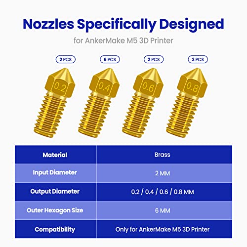 Brass Nozzle Kit for AnkerMake M5/M5C, 0.2-0.8mm, 12PCS - size: Mixed size 12 pack-brass