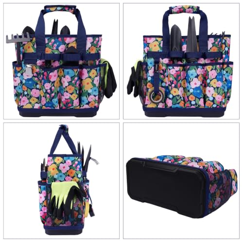 MELOTOUGH 12-Pocket Garden Tool Bag with Hard Bottom, Gardening Tote, Blue - color: Blue Flower
