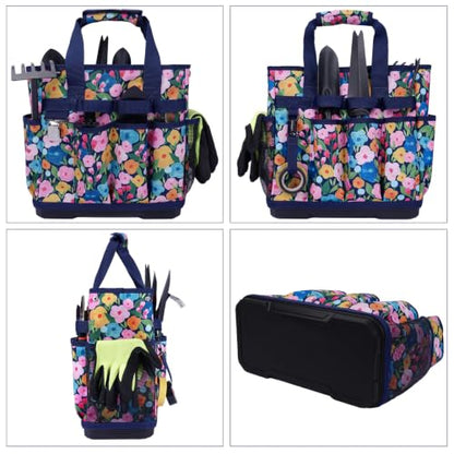 MELOTOUGH 12-Pocket Garden Tool Bag with Hard Bottom, Gardening Tote, Blue - color: Blue Flower