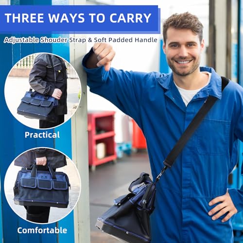 Tool Bag 16'', Multi-pocket Tool Organizer with Water Proof Plastic Base, Heavy Duty Tote with Shoulder Strap for Tool Storage, Black & Blue - color: Blue