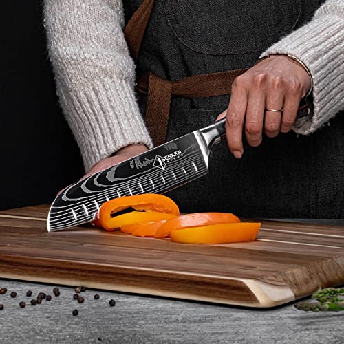 SENKEN 16-Piece Knife Block Set - Japanese High Carbon Stainless Steel with Damascus Pattern, Dark Wood Handles, 6 Steak Knives & Acacia Hardwood Block (Brown) - color: Brown