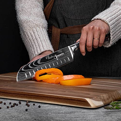 SENKEN 16-Piece Knife Block Set - Japanese High Carbon Stainless Steel with Damascus Pattern, Dark Wood Handles, 6 Steak Knives & Acacia Hardwood Block (Brown) - color: Brown