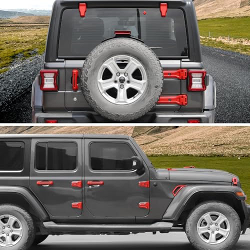 CheroCar 43PCS Full Set Exterior Trim Kit Fit for 2018-2026 Jeep Wrangler JL 4Door Red Door Handle,Hood Hinge,Left Right Door Hinge,Tailgate Handle,Spare Tire Bracket,Fender Vent Cover Trim - color: Red