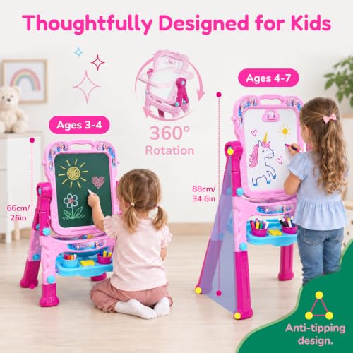 Easel for Kids, Double-Sided Magnetic Drawing Board with Art Set - color: Pink