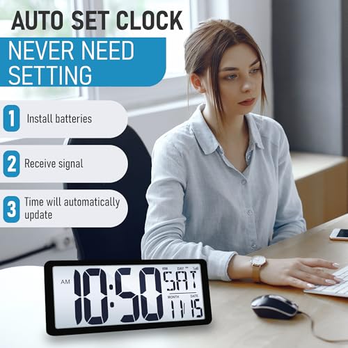 TXL Atomic Clock with Backlight, 14.2" Large Digital Wall Clock Battery Operated, Digital Clock Large Display with Day, Date & Temperature, Large Wall Clock for Bedroom, Livingroom, Office - color: Black Atomic Backlight-14.2in