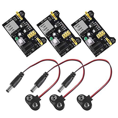 3.3V 5V MB102 Solderless Breadboard Power Supply Module with 9V Battery Clip Power Cable 2.1x 5.5mm Male DC Jack Plug for Arduino (Pack of 3) - size: 3 Set