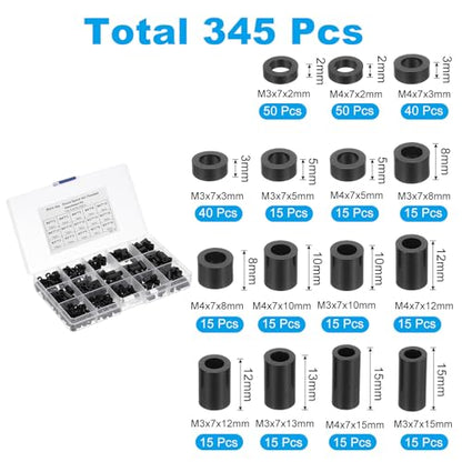 PATIKIL 345Pcs M3 M4 ABS Spacer Round Standoff Spacers Non-Threaded Black