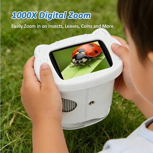 Kids Microscope 1000x Digital Handheld 2.4 in IPS Screen STEM Toy - color: White