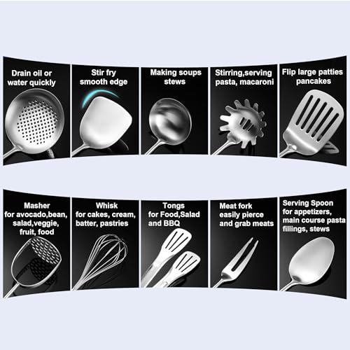 Stainless Steel Kitchen Utensils 13 PCS All Metal Set for Cooking - color: Natural-13