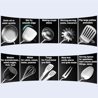 Stainless Steel Kitchen Utensils 13 PCS All Metal Set for Cooking - color: Natural-13