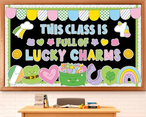 St. Patrick's Day Bulletin Board Decoration Lucky Shamrock Clover Rainbow Gold Coin Irish Clover Cutouts March Classroom Bulletin Board Set for School Chalkboard Wall Door Decoration Favor - style: St. Patrick's Day