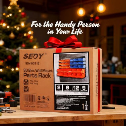 SEDY 30-Bin Wall-Mounted Storage Rack System - Heavy-Duty Garage Tool Organizer for Screws, Nuts, Bolts, Nails, Beads, and Small Hardware Parts - Easy Installation and Customizable