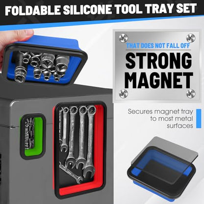 Collapsible Magnetic Parts Tray Set, 3 Different Size Tool Trays - color: Red (L) + Blue (M) + Green (S)