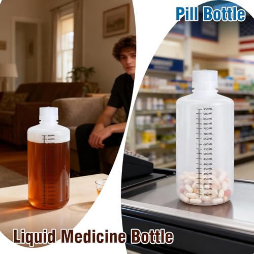 DEMORA 32oz Plastic Bottles with Airtight Caps for Liquids, Graduated Food Grade Plastic Containers, HDPE Thick Liquid Containers for Water Sample Medicine Laboratory Reagent (Translucent, 2 Pcs) - size: 32 Ounces