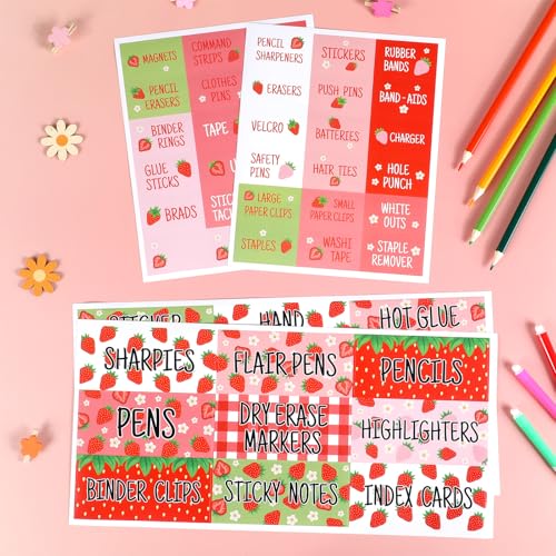 54Pcs Teacher Toolbox Labels Classroom Decoration Self-Adhesive Strawberry Toolbox Sticker Summer Fruit Tool Box Storage Decal Sweet Beery Organizer Container Decor for Back to School Teacher Supplies - style: Strawberry