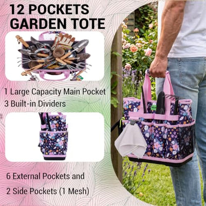 MELOTOUGH 12-Pocket Garden Tool Bag with Hard Bottom, Garden Tote, Purple - color: Purple Flower