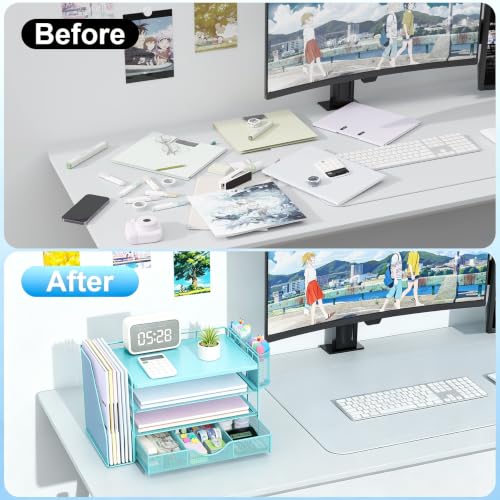 gianotter Desk Organizers and Accessories with File Holder, 4-Tier Desk Accessories & Workspace Organizers with Drawer and 2 Pen Holder, Desk Reference Organizer (Blue, 4T with Metal Drawer) - color: Blue