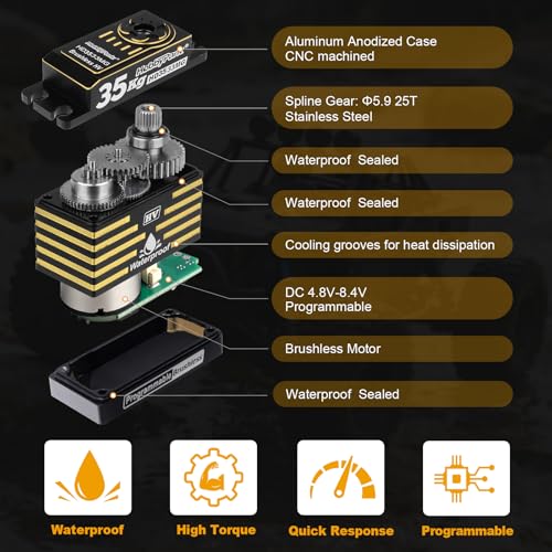 HobbyPark Waterproof RC Servo High Torque Brushless Motor Metal Gear Digital Servo Aluminum Case for 1/8 1/10 RC Crawler SCX10 TRX4 RC Truck Car Buggy RC Basher Bashing 180° HV (35kg Torque)