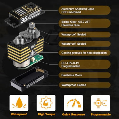 HobbyPark Waterproof RC Servo High Torque Brushless Motor Metal Gear Digital Servo Aluminum Case for 1/8 1/10 RC Crawler SCX10 TRX4 RC Truck Car Buggy RC Basher Bashing 180° HV (35kg Torque)