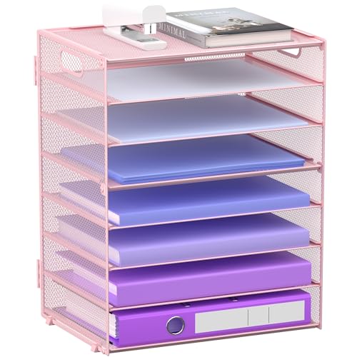 8 Tier Paper Letter Tray Organizer with Handles for Desk (Pink) - color: Pink