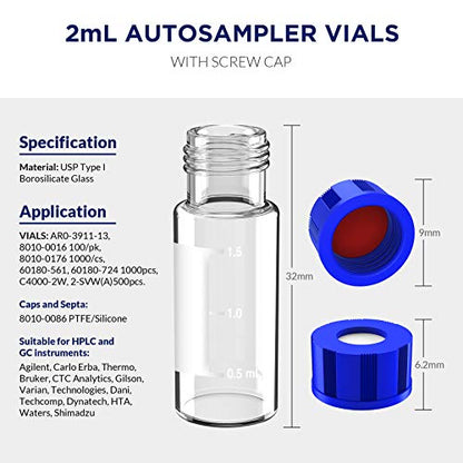 2mL Autosampler Vials, 9-425 HPLC Vials with Writing Area and Graduations, Screw Cap, Red PTFE & White Silicone Septa, 100 Pcs - color: Clear Vial & Red PTFE Septa