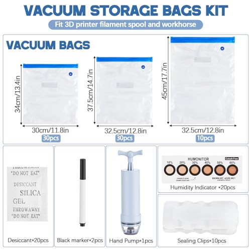 91 Pcs X-Large 3D Filament Storage Bags Vacuum Sealed Kit with Air Pump, Desiccants Humidity Indicator Cards, Dust Proof, Humidity Resistant for Keeping Filament Dry(11.8x13.4, 12.6x17.7, 12.8x14.8in)