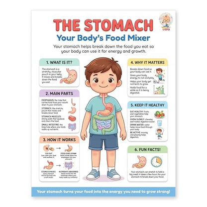 JELLY BEAN GENIUS Human Stomach Poster – Laminated Dry-Erase Digestive Anatomy Chart for Classroom & Homeschool | Science Wall Poster 8.5x11 - color: Human Stomach