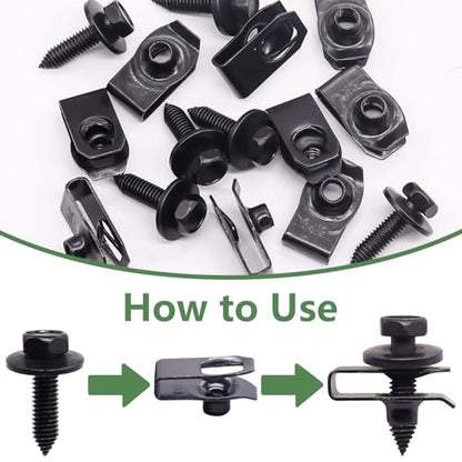 30Pcs Automotive Body Bolt & U-Nut Clips Kit, Multipurpose Fender Bolts Body Fastener Clips for Most Cars Bumper Engine Splash Shield - color: Black-1/4Inch