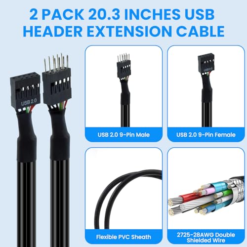 SDTC Tech USB Header Extension Cable, 20.3 inches USB 2.0 9-Pin Male to Female Internal Motherboard Header Cable for USB Ports, Expansion Cards and Motherboard Ports, 2 Pcs (Pack of 2) - size: 20.3 inches (Pack of 2)