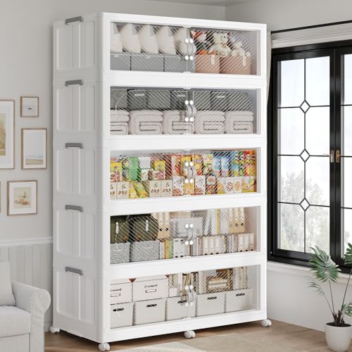 1200QT Extra Large Stackable Storage Bins with Lid, 300Gal Plastic Closet Organizers and Storage Drawer, Collapsible Cabinet Box with Wheels Clear Doors for Home Kitchen Garage, 5Pack White - color: White, size: 240QT-5Pack