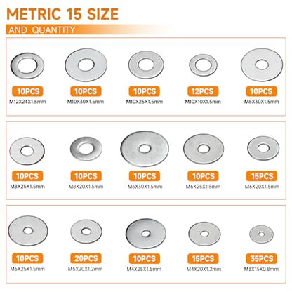 470pcs Fender Washers 304 Stainless Steel Flat Washers 23 Sizes SAE+Metric Assorted Washers Set Assortment Washer Kit for Screws Bolts (M3 M4 M5 M6 M8 M10 M12 6# 8# 10# 1/4 5/16 3/8 1/2)