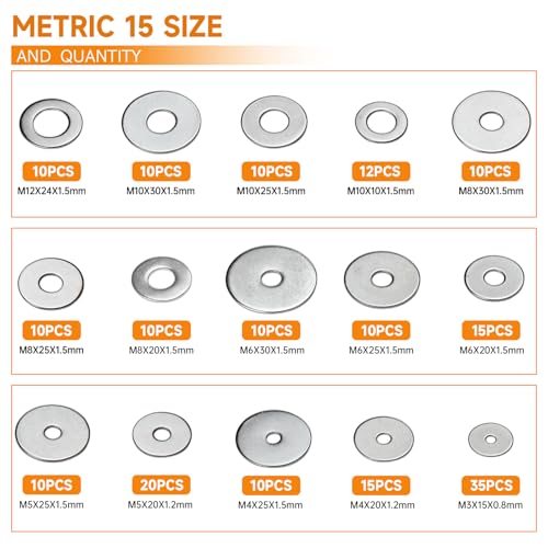 470pcs Fender Washers 304 Stainless Steel Flat Washers 23 Sizes SAE+Metric Assorted Washers Set Assortment Washer Kit for Screws Bolts (M3 M4 M5 M6 M8 M10 M12 6# 8# 10# 1/4 5/16 3/8 1/2)