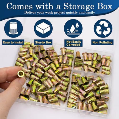 #10-24 Rivet Nut,125Pcs Zinc Plated Threaded Rivnuts Inserts - color: Yellow, size: SAE #10-24 - 125 Pcs