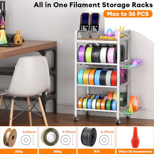 3D Printer Filament Storage Rack- 4 Tiers Filament Spool Holder, Heavy Duty 3D Printing Stand Filament Organizer with 360° Wheels, Metal Filament Stand Shelf for PLA/ABS/TPU/Nylon (White) - color: White