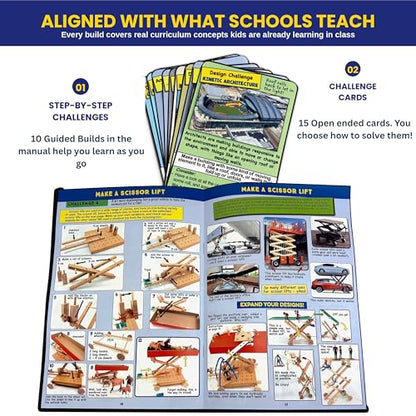 PATHFINDERS Engineering Maker Set — Real Wood STEM Building Kit | Hydraulics, Gears, Levers & Pulleys | 10 Challenges + 15 Challenge Cards | Ages 8+