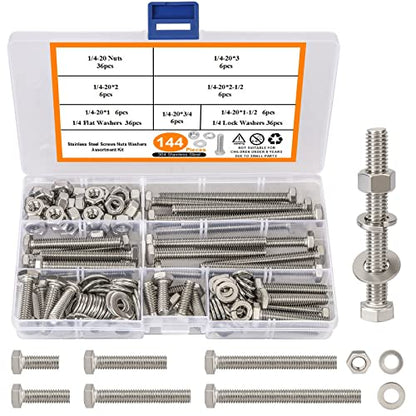 144PCS 1/4-20 Hex Bolts and Nuts Kit, Stainless Steel 1/4" Nuts and Bolts Assortment Kit, Flat & Lock Washers Set Screw Assortment Kit, Machine Screws Set - size: B. 1/4