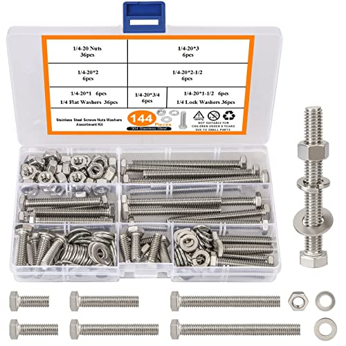 144PCS 1/4-20 Hex Bolts and Nuts Kit, Stainless Steel 1/4" Nuts and Bolts Assortment Kit, Flat & Lock Washers Set Screw Assortment Kit, Machine Screws Set - size: B. 1/4