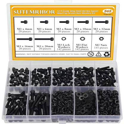 565 Pieces M3 Screws Nuts Washers Set Black, Sutemribor M3 x 4/6/8/10/12/16/20mm Hex Socket Head Cap Screws Nuts Washers Assortment Kit, 12.9 Grade Alloy Steel, Fully Threaded - size: M3, style: Socket Head