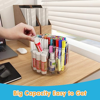 Mefirt Acrylic Pen Holder, 360 Degree Rotating Pen Organizer, Rotating Desk Acrylic Office Organizer with 6 Compartments, Marker Organizer for Kid, Crayon Caddy School Art Supply Storage Organizer - style: Clear-Large