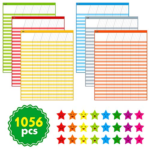 6 Pack Multi-Color Dry Erase Incentive Chart/Chore/Responsibility/School Attendance/Homework Progress Tracking Chart, 6 Pack in Multi-Color, 36 Rows X 25 Columns (17" x 22.5") with 1056 Stars - size: 17" x 22.5", style: 6 Pack + Stickers