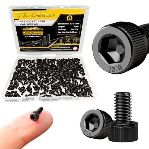 M3x8mm Screws 260pcs Hex Socket Cap 12.9 Steel Black Zinc Fully Thread - size: M3*8mm 260pcs