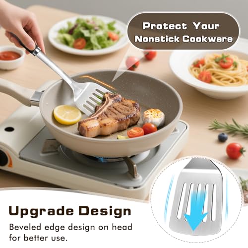 4 Pcs Cooking Utensils Set, Stainless Steel Kitchen Utensils, Heat Resistant Metal Kitchen Tools Include Solid & Slotted Turner Wok Spatula, Serving Spoon, Ergonomic Handle, Easy to Clean, Silver - color: C. 4 Pieces
