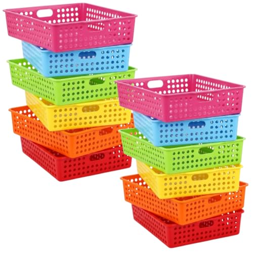 12 Pack Turn in Trays for Classroom, Stackable Plastic Paper Baskets with Handles, Letter Size A4 Teacher Desk Organizer Bins for Classroom Organization (Rainbow Colors) - color: Rainbow Colors