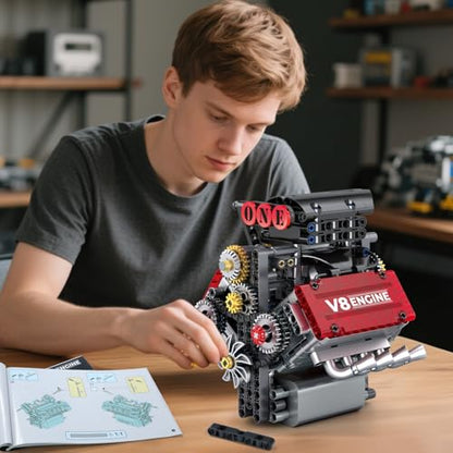 WINGIFT V8 Engine Building Set,V8 Engine Model kit that Run,Build Your Own STEM Mini V8 Model Engine Kit with Battery and Motor,8-Cylinder Car Engine Building Engineering Toys for Kids Adults(478PCS)