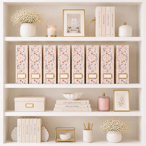 BLU MONACO | Cardboard Magazine File Holder Set of 4 | Standing File Holder with Floral Boho Design | Foldable Cardboard Bins for Shelves Desk Office Storage - color: Floral BOHO